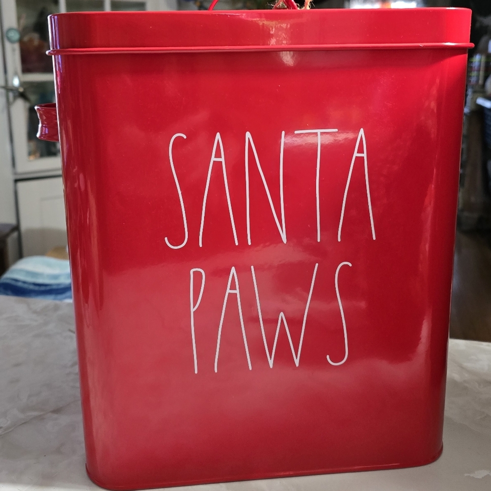 Rae Dunn Artisan SANTA PAWS Red Tin Dog Cat food storage toys collars